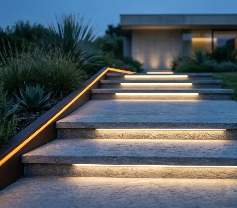 Garden steps at dusk, each tread underlined by a warm LED strip