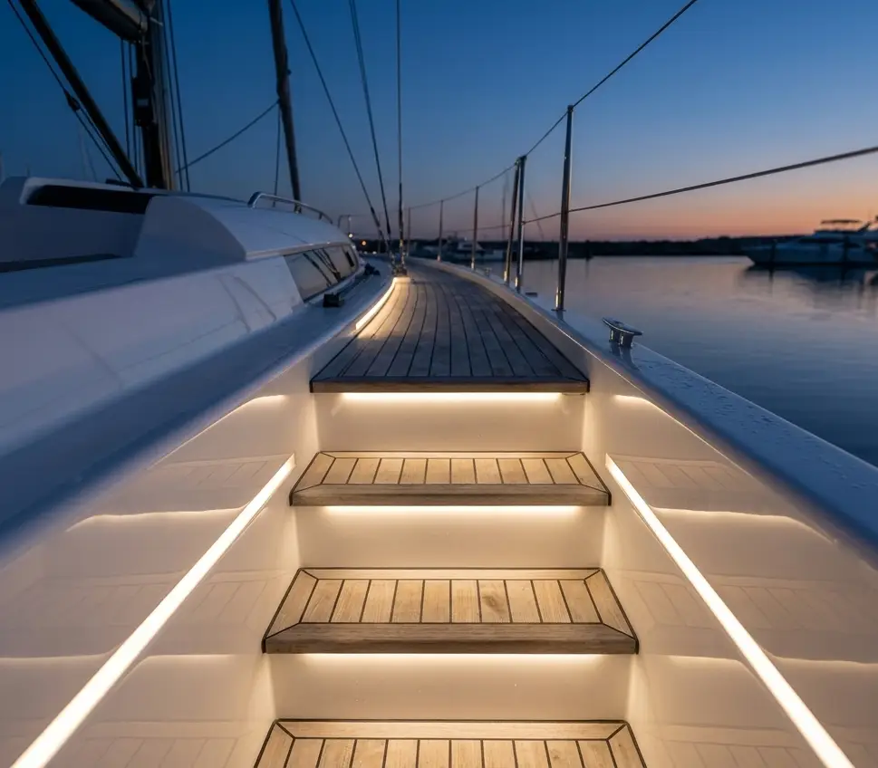 A sailboat deck at dusk, the companionway steps edge-lit by white LED strips