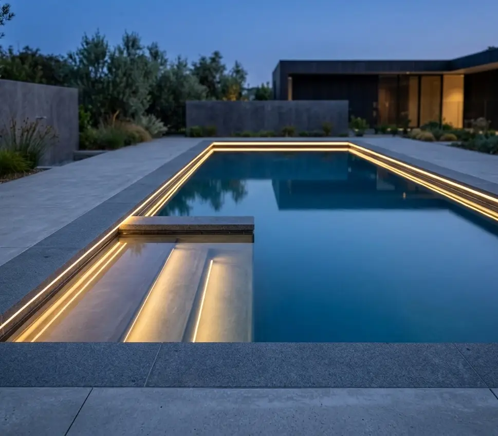 A pool at dusk, its perimeter and submerged steps traced by warm LED strips