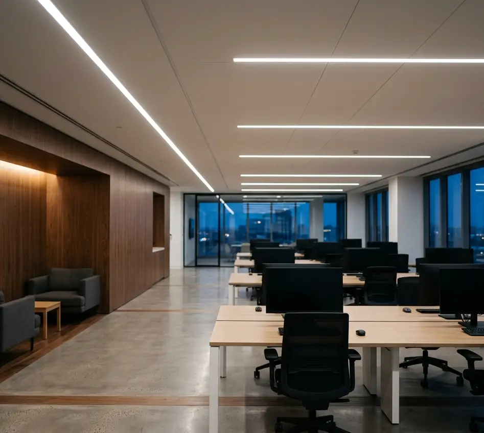 An open-plan office at dusk lit by LUMA-6CH: linear LED runs across the ceiling over the desks, a warm wood wall to one side