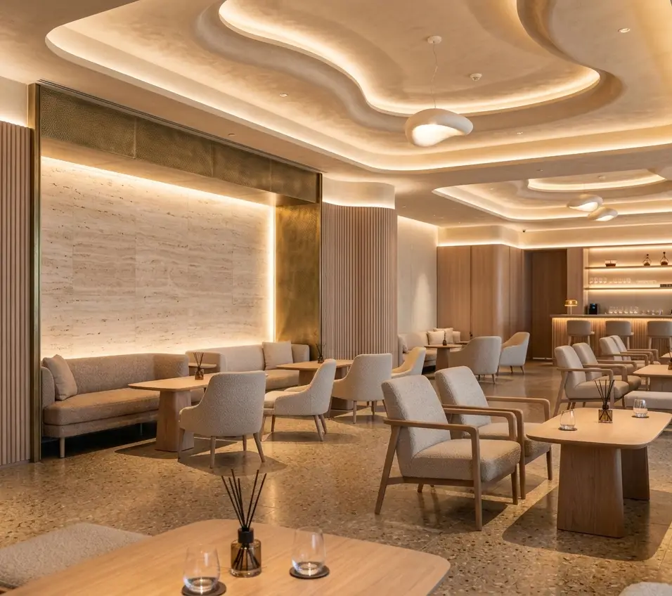 A hospitality lounge at dusk lit by LUMA-6CH: warm cove light tracing curved ceiling recesses, with lamps and a bar in warm white