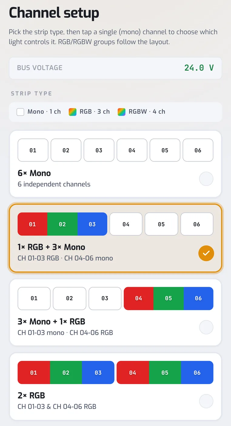 Channel setup at luma.local: strip type per channel, mono, RGB and RGBW layouts