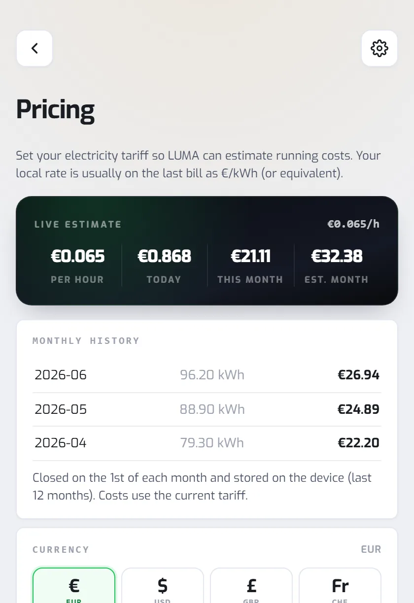 Energy pricing at luma.local: live cost estimate per hour, today and this month, with the monthly kWh history