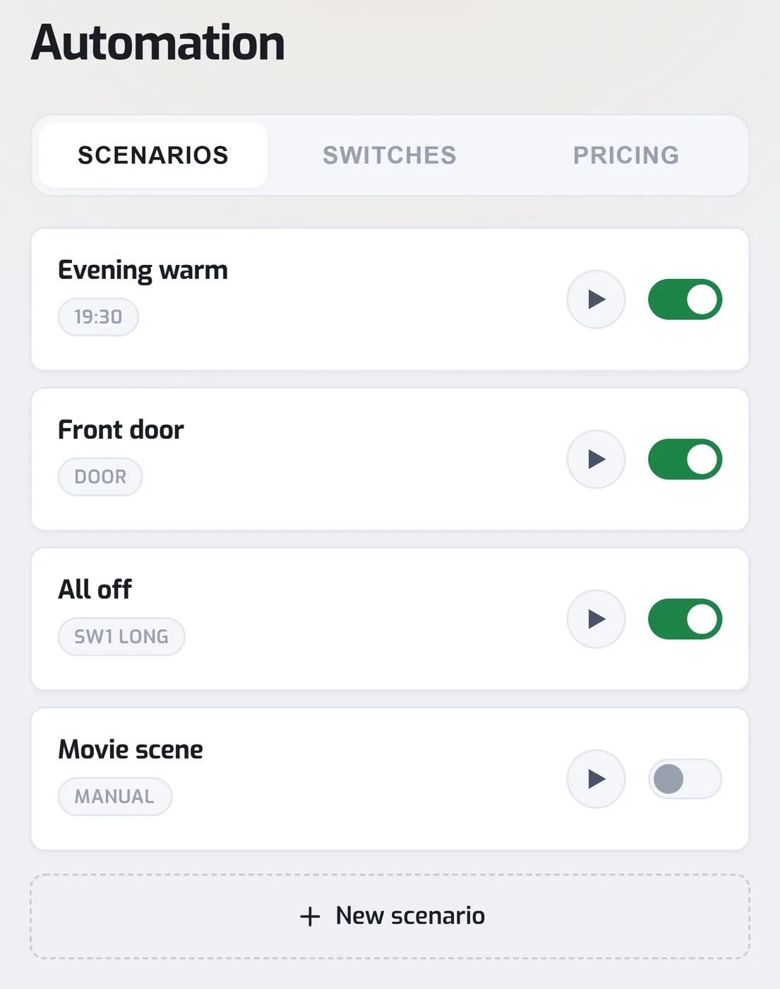 Automation at luma.local: scenario list with triggers, run buttons and enable toggles